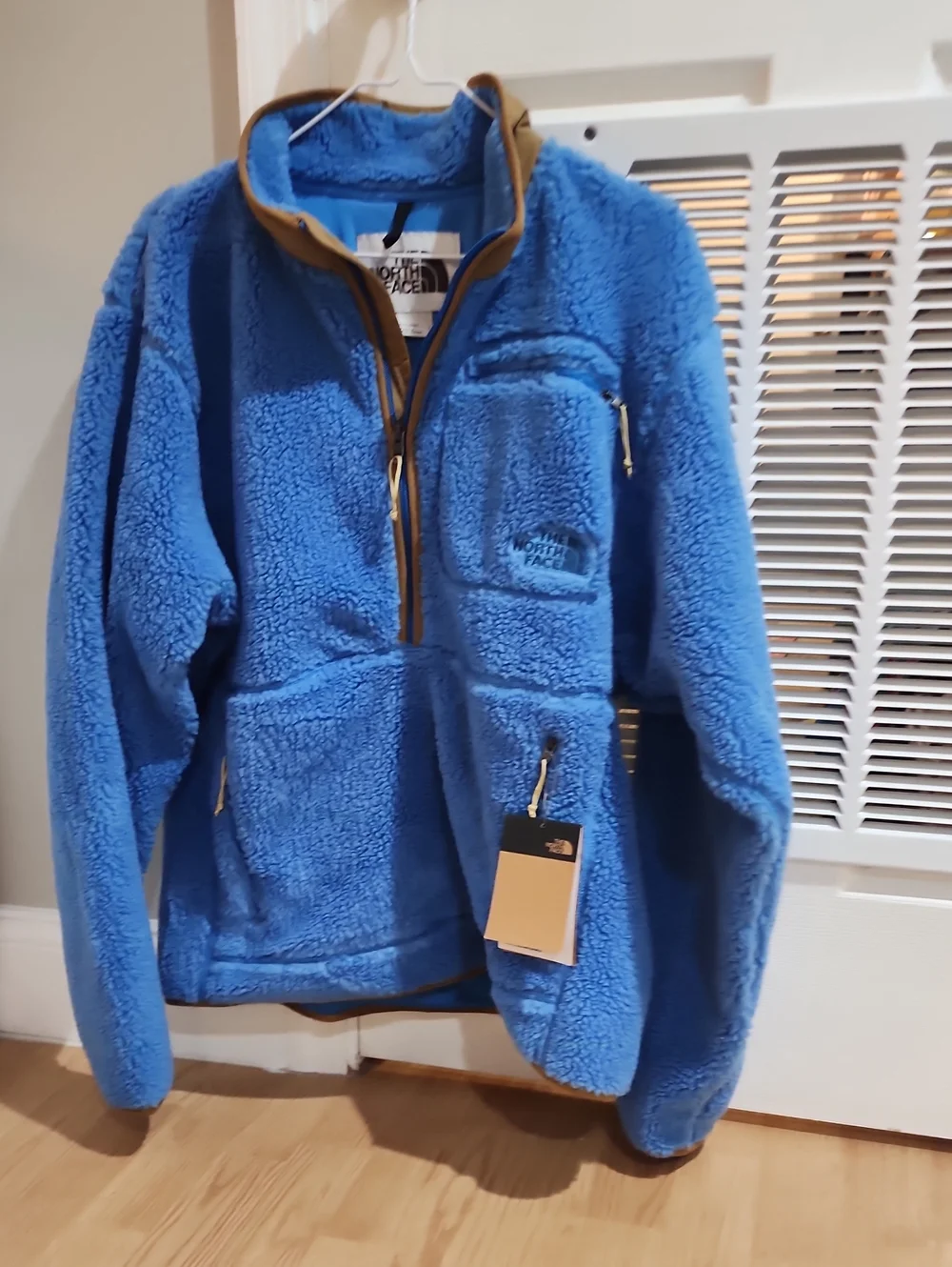 The North Face Mens Blue Sherpa Pullover Jacket with Utility Brown Trim